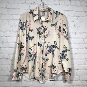 Blusa Mariposa Mangas Largas H&M Mujer 0 XXS Beige Floral Botones Nueva - Imagen 1 de 6