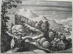 Matthäus Merian Kupferstich Straße am Hang mit Reisewagen 1622 Jugendwerk 20 - Picture 1 of 1