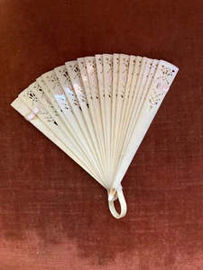 Vintage Folding Hand Fan – Floral Pierced Celluloid Plastic – 6" x 6" - Picture 1 of 8