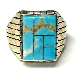Turquoise Inlay Native American Unisex Ring Sterling Silver 925 Size 10.25 - Picture 1 of 14