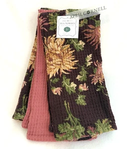 APRIL CORNELL - ANTOINETTE - BROWN BURGUNDY PINK - DISH TEA TOWELS SET OF 3  NEW - Picture 1 of 2