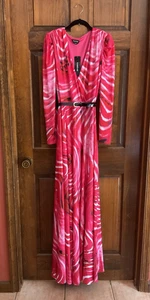 Neu mit Etikett Bebe Damen Gr. XL rosa & weiß geometrisches Aurora Puffärmel Maxikleid - Bild 1 von 11