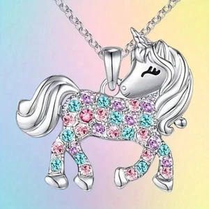 Silber Einhorn Strass Anhänger Halskette Mädchen Schmuck - Bild 1 von 3