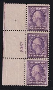1917 Washington 3c Sc 501 MNH full OG, plate number strip of 3 (JB - Picture 1 of 1