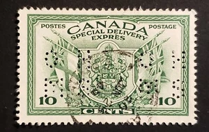 Stamps Canada Back of the Book: O10-E10 10c green War Issue Perfin VF Used - Foto 1 di 1