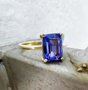 Anello Tanzanite Naturale Certificato 5,5 Ct Anello Oro Giallo Solido 14K - Foto 1 di 3