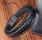 Men Women Boy Silver 5 Black Braided Leather Bracelet Wristband Bangle 7-8&quot;