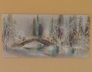Vintage Christmas Card, Shiny Gold Trimmed Wintry Bridge Scene - Used - Picture 1 of 3