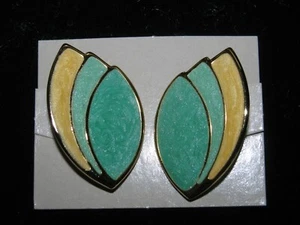 Vintage Avon Ohrringe Pastellfarben 3-farbig Emaille Clip - Dark Teal, Teal, Sand NEU - Bild 1 von 6