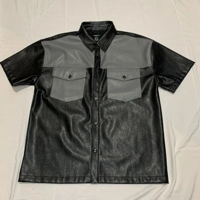 Forever 21 Mens Faux Leather Pleather Black Gray Collard Short Sleeve Shirt S - Image 1 of 4