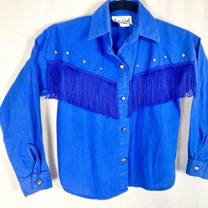 Camicia western vintage bambino ragazzo 7/8 T perla snap Sassa blu nappa cowboy rodeo - Foto 1 di 9