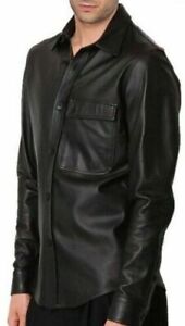 Basic Luxury New Men's Black Lambskin Soft Leather Shirt Stylish Causal Shirt