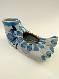 Tonala Mexico Ceramic Foot Shaped Planter Folk Art Blue Butterfly Floral Design - Picture 1 of 6