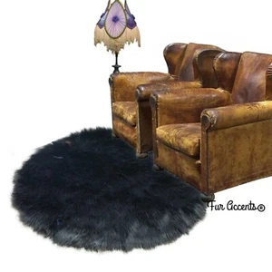 Round Shag Faux Fur Rug, Plush Black Bear, Carpet, Suede Lined, 5', Fur Accents - Picture 1 of 3