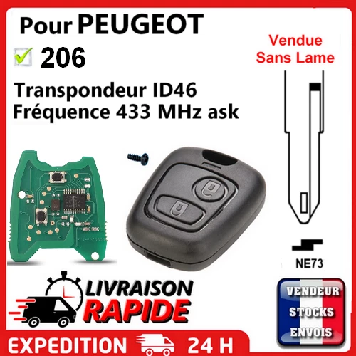 Coque + électronique avec transpondeur ID46 PCF7961 pour PEUGEOT 206 206CC