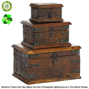 Vintage Storage Trunk Rustic Wood Box Antique Pirate Treasure Chest w Hinged Lid - Picture 1 of 12