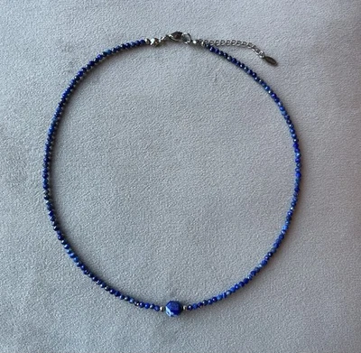 "Collar gargantilla facetado lapislázuli delicado 16,5"" acero inoxidable hecho a mano" Foto 1 de 4