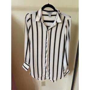 H&M Womens Blouse Size 12 Button Up Long Sleeve Stripe Collar White Black Beige - Bild 1 von 8