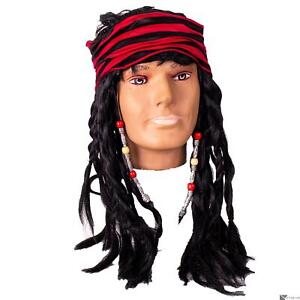 Men's Pirate Captain Long Dreads Costume Wig w Beads & Striped Cap, Black Red
