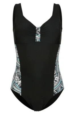 BADEANZUG schwarz-weiss-grau-türkis DRUCK-EINSÄTZE+STEG 52 54 56 58 60 CUP B NEU - Bild 1 von 4