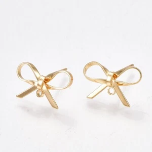50Pcs 18K Gold Plated Brass Bowknot Stud Earring Findings with Loop 8~10x15mm - Picture 1 of 2
