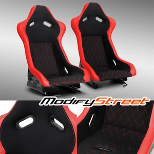 Universal Main Black+Red Side PVC Sport Reclinable Racing Seats Pair Left+Right - Bild 1 von 10