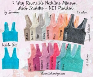 Zenana Reversible Neckline Ribbed Mineral Wash Bralette Crop 17 color 32A-40DD - Picture 1 of 20