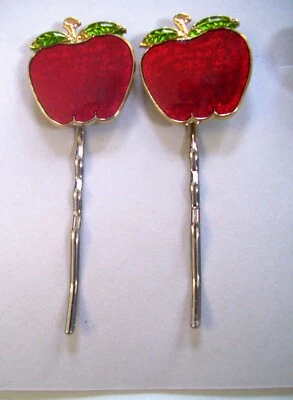  Bobby Pin set - ENAMEL  ACCENT- RHODIUM PLATE- RED APPLE FRUIT - Image 1 of 2
