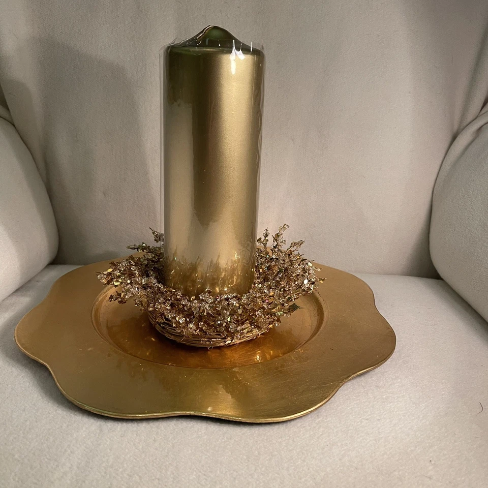 Holiday Decor Candle  Ring Wreath Gold Wicker Wreath W/ Gold & Ice Crystals - Image 1 of 4