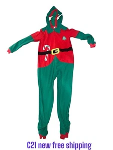 Boys Green & Red Fleece Elf Christmas Hoodie Sleeper Pajamas Size 14 - Picture 1 of 3