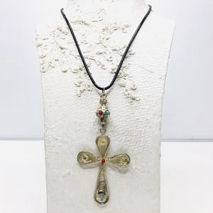 Silver Tone Pendant Necklace Turquoise Coral Filigree Cross Faux Leather Cord - Picture 1 of 9