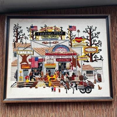 Marco bordado vintage Timberline Jack’s Trading Post escena occidental 21”x17” Foto 1 de 4