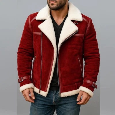 Men’s Red Shearling Aviator Jacket with White Fur Lining Winter Leather Coat - Image 1 of 4