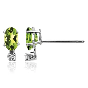 14K Solid White Gold Diamond Peridot Stud Earrings - Picture 1 of 11