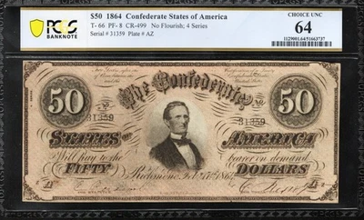 T-66 1864 $50 CONFEDERATE CURRENCY PCGS 64 CIVIL WAR BILL 31359-15 - Image 1 of 2