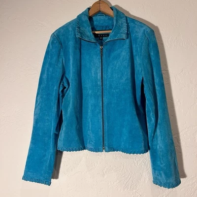 Revue Genuine Suede Leather Jacket Turquoise Blue Zip Front Size 10 Lined Boho - Image 1 of 4