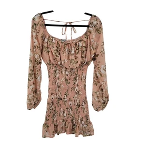 Smocked Off-Shoulder Puff Sleeve Mini Dress Sz M Flounce Hem Baby Doll Maiden - Picture 1 of 12