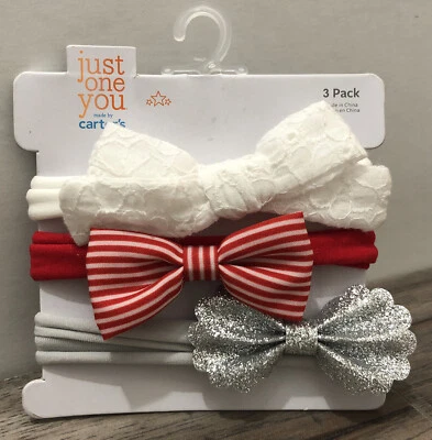 3 Pack Carter’s Baby Headbands White, Silver & Red & White Stripes 0-12 Months - Image 1 of 4
