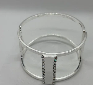 Bracelet Cuff in Silver Tone and White Rhinestone Hinge Clasp Fashion Statement - Picture 1 of 8