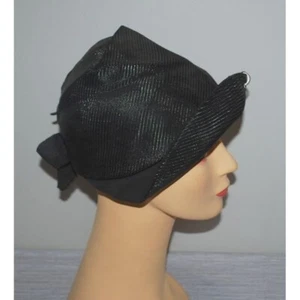 Vintage Womens Hat Black Shimmery Cloche Bonnet Slivertone Pin Bow - Picture 1 of 5