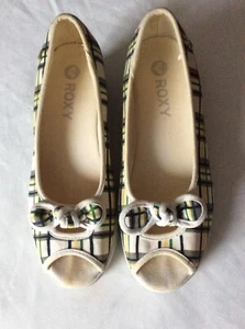 Roxy Plaid Canvas Peep Toe Blossom Wedge Sz 7.5 - Picture 1 of 11