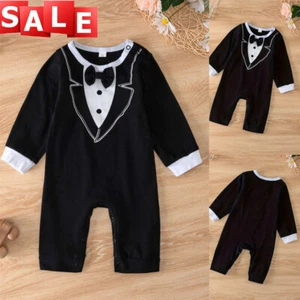 Baby Boy Romper Gentleman Jumpsuit One-Piece Button-Down Bowtie Formal Bodysuit - Picture 1 of 10