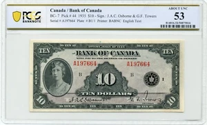 1935 $10 Bank of Canada, BC-7 English, PCGS About UNC 53 - Picture 1 of 2