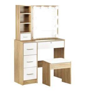 Dressing Table Stool Set Slide Mirror Drawer 10 LED Bulbs Natural White - Picture 1 of 9