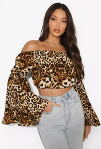 Boohoo Tall Top Size 14 New Animal Print Flare Sleeve Crop Party Going Out - Picture 1 of 7