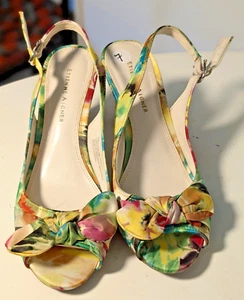 Etienne Aigner Größe 7 gestapelt grün Satin Print Peeptoe Absatz Sandalen DARLA - Bild 1 von 5