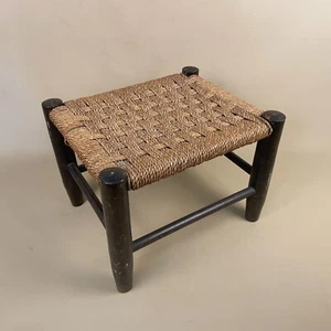 Antique Wooden Foot Stool Woven Wood Cottage Furniture Brown String Woven Rope - Picture 1 of 10