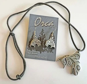Pewter Orca Whale Pendant Chain Earrings Frederick Pacific Coast Native - Picture 1 of 9