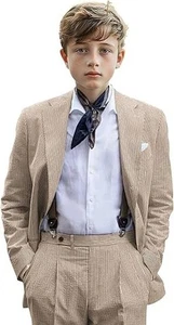 Seersucker Striped Boy's Suits Summer Ccasual Wedding Groom Tuxedos Two Pieces - Picture 1 of 17