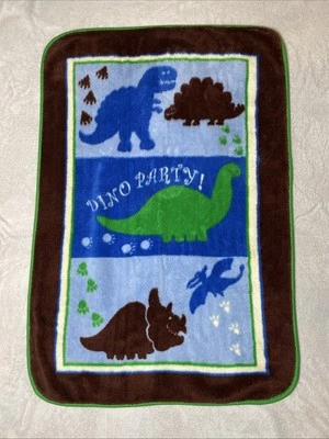 Vintage Dino Party Blanket Dinosaur Fleece Blue & Brown Plush Green Trim Lovey - Image 1 of 4